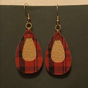 Handmade Faux Leather Earrings- Gold & Red Plaid